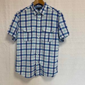 Banana Republic Men Linen/Cotton Blue and White Plaid Shirt Sz M